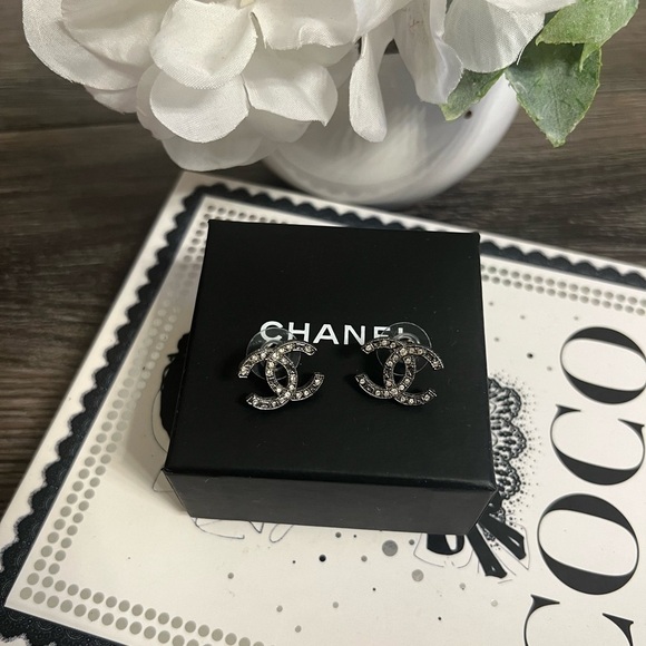 CHANEL Silver CC Crystal Stud Earrings